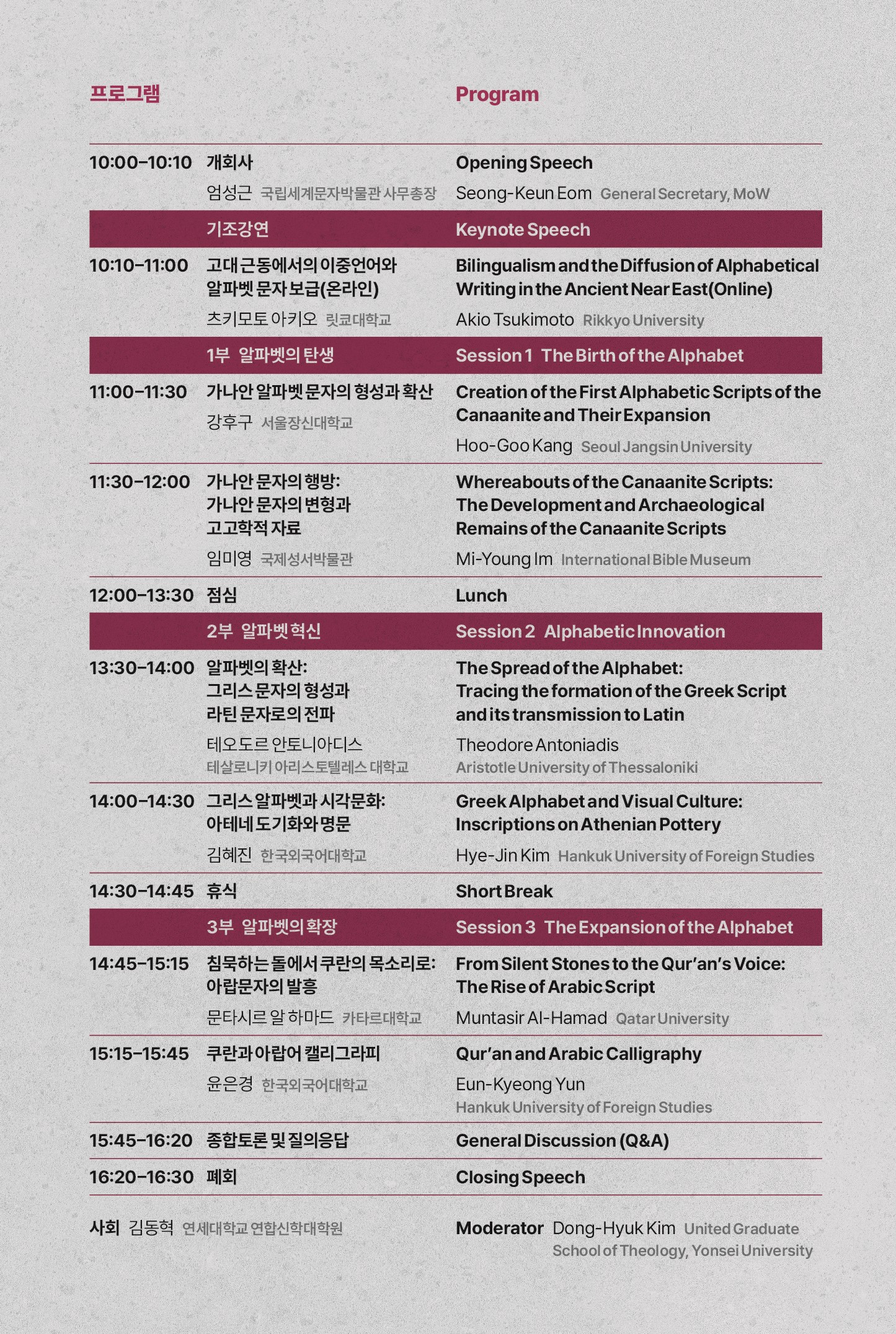 프로그램/ Progrm, 10:00-10:10 개회사 / Opening Speech, 엄성근(국립세계문자박물관 사무총장) / Seong-Keun Eom General Secretary, MoW, - 기조강연, Keynote Speech, 10:10-11:00 고대근동에서의 이중언어와 알파벳 문자 보급(온라인) 츠키모토 아키오 릿코대학교/ Bilingualism and the Diffusion of Alphabetical Writiong in the Ancient Near East(Online), Akio Tsukimoto Rikkyo University, 1부 알파벳의 탄생 Session 1 The Birth of the Alphabet 11:00-11:30 가나안 알파벳 문자의 형성과 확산 강후구 서울장신대학교, Creation of the First Alphabetic Scripts of the Canaanite and Their Expansion, Hoo-Goo Kang Seoul Jangsin University, 11:30-12:00 가나안 문자의 행방: 가나안 문자의 변형과 고고학적 자료 임미영 국제성서박물관, Whereabouts of the Canaanite Scripts: The Development and Archaeological Remains of the Canaanite Scripts Mi-Young Im International Bible Museum, 12:00-13:30 점심 Lunch, 2부 알파벳 혁신 Session2 Alphabetic Innovation, 13:30-14:00 알파벳의 확산: 그리스문자의 형성과 라틴 문자로의 전파, 테오드르 안노티아디스 테살로니키 아리스토텔레스 대학교, The Spread of the Alphabet: Tracing the formation of the Greek Script and its transmission to Latin Theodore Antoniadis, Aristotle University of Thessaloniki, 14:00-14:30 그리스 알파벳과 시각문화: 아테네 도기화와 명문 김혜진 한국외국어대학교, Greek Alphabet and Visual Culture: Inscriptions on Athenian Pottery Hye-Jin Kim Hankuk University of Foreign Studies, 3부 알파벳의 확장 Seesion3 The Expansion of the Alphabet 14:15-15:15 침묵하는 돌에서 쿠란의 목소리로: 아랍문자의 발흥 문타시르 알 하마드 카타르 대학교, From Silent Stones to the Qur'an's Voice: The Rise of Arabic Script Muntasir AI-Hamad Qatar University, 15:15-15:45 쿠란과 아랍어 캘리그라피 윤은경 한국외국어대학교 Qur'an and Arabic Calligraphy Eun-Kyeong Yun Hankuk University of Foreign Studies, 15:45-16:20 종합토론 및 질의응답 General Discussion(Q&A), 16:20-16:30 폐회 Closing Speech, 사회 김동혁 연세대학교 연합신학대학원 Moderator Dong-Hyuk Kim United Graduate School of Theology Yonsei University