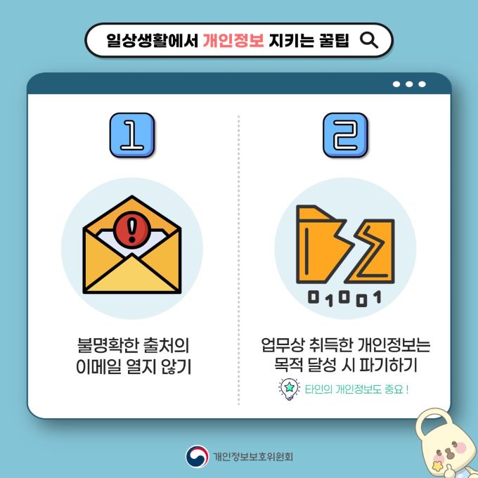 일상생활에서 개인정보 지키는 꿀팁, 1. 불명확한 출처의 이메일 열지 않기, 2. 업무상 취득한 개인정보는 목적 달성 시 파기하기, 타인의 개인정보도 중요!, 개인정보보호위원회 로고