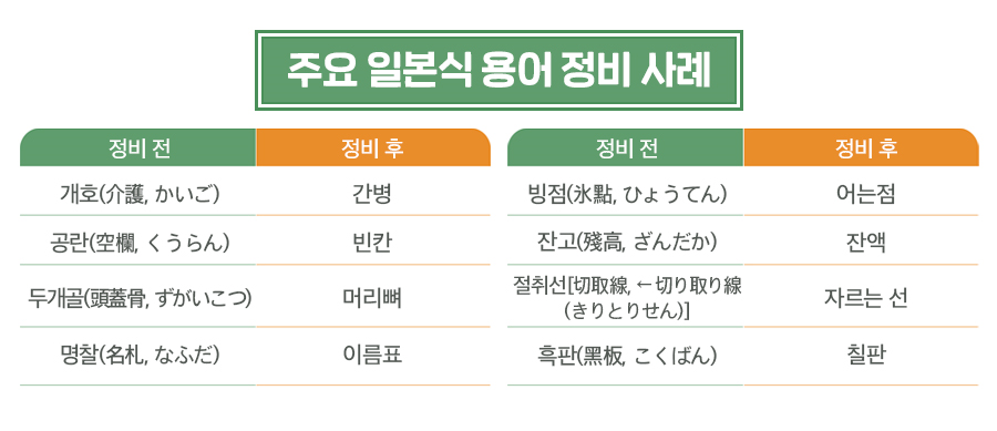 [주요 일본석 용어 정비 사례] 개호(介護, かいご, 정비 전)→간병(정비 후), 공란(空欄, くうらん, 정비 전)→빈칸(정비 후), 두개골(頭蓋骨, ずがいこつ, 정비 전)→머리뼈(정비 후), 명찰(名札, なふだ, 정비 전)→이름표(정비 후), 빙점(氷點, ひょうてん, 정비 전)→어는점(정비 후), 잔고(殘高, ざんだか, 정비 전)→잔액(정비 후), 절취선([截取線←切り取り線(きりとりせん)], 정비 전)→자르는 선, 흑판(黑板, こくばん, 정비 전)→칠판(정비 후)