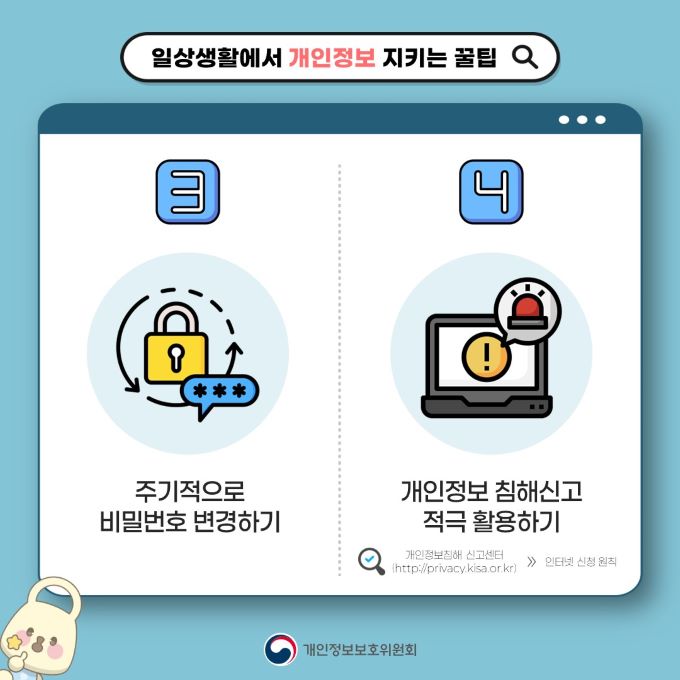 일상생활에서 개인정보 지키는 꿀팁, 3. 주기적으로 비밀번호 변경하기, 4. 개인정보 침해신고 적극 활용하기, 개인정보침해 신고센터(http://privacy.kisa.or.kr) 인터넷 신청 원칙, 개인정보보호위원회 로고